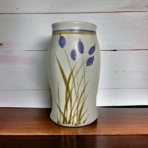 Vintage Artist Signed Blue Floral Botanical 8”  Salt Glaze Pottery Vase - Picture 7 of 14